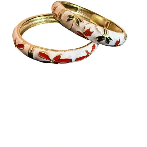 enameled bangle bracelet with red plumeria flowers and rhinestone centers. 2 - Picture 5 of 6